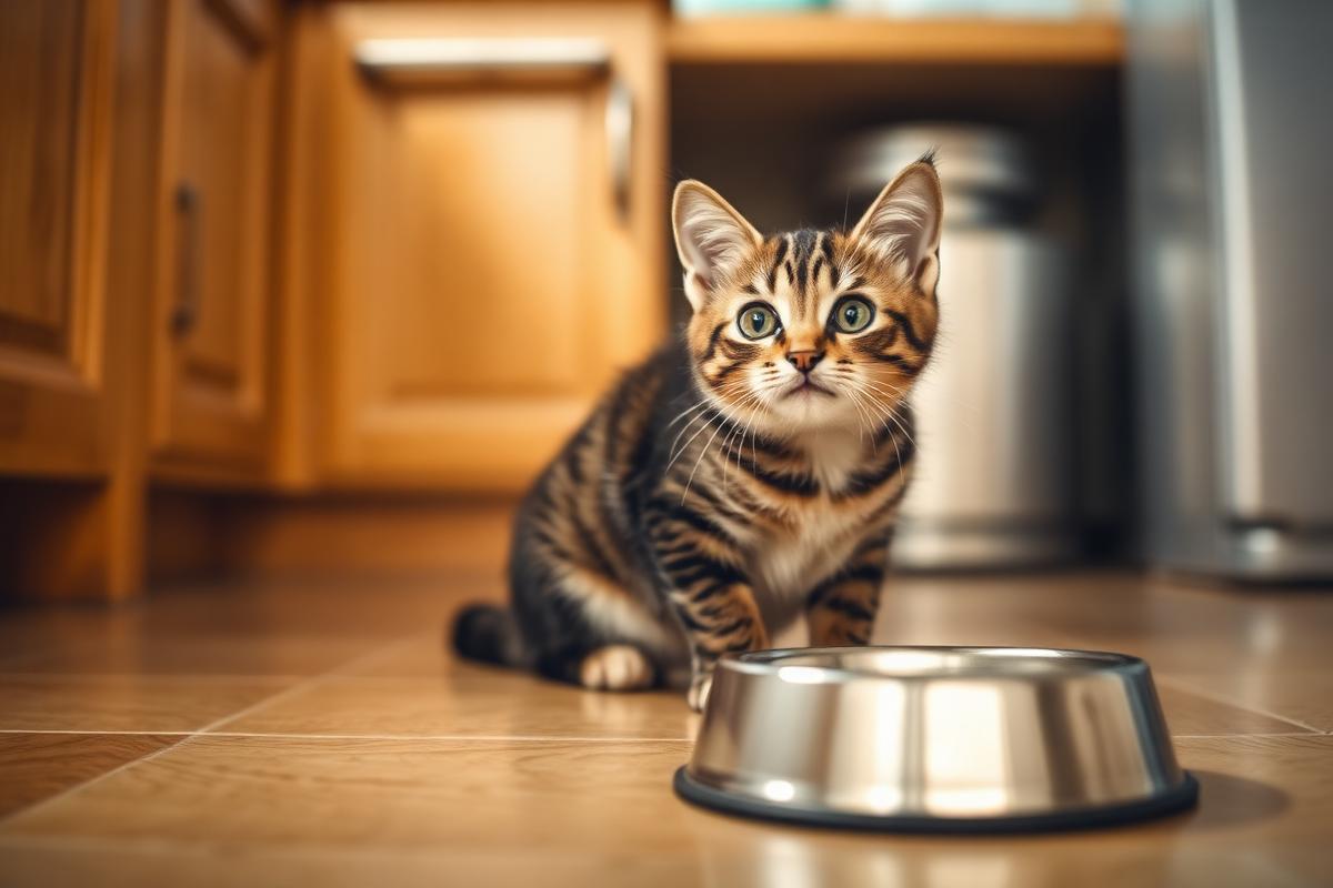 Chat tigré assis devant sa gamelle vide, fixant son propriétaire dans une cuisine